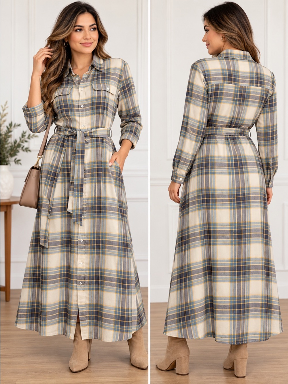 Polo by Ralph Lauren Cream and Gray Plaid Button-Front Maxi Dress